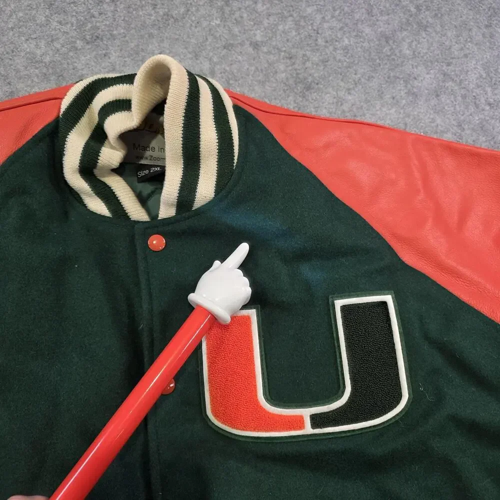 Miami Hurricanes Varsity Jacket Mens 2XL Green Orange NCAA Football Zoom ID Wool